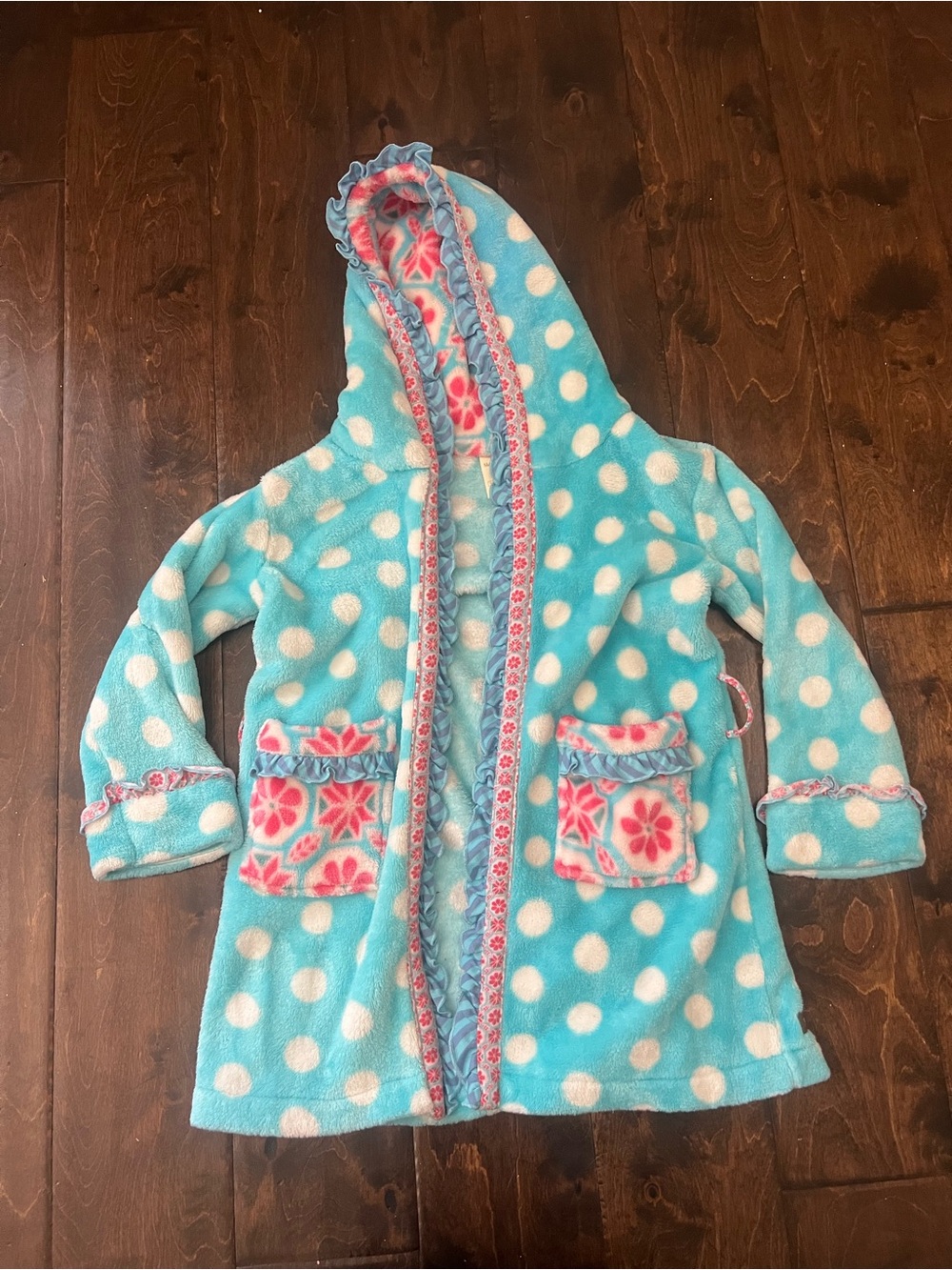 Matilda Jane Aqua Polka Dot Hooded Robe with Pink Floral Trim